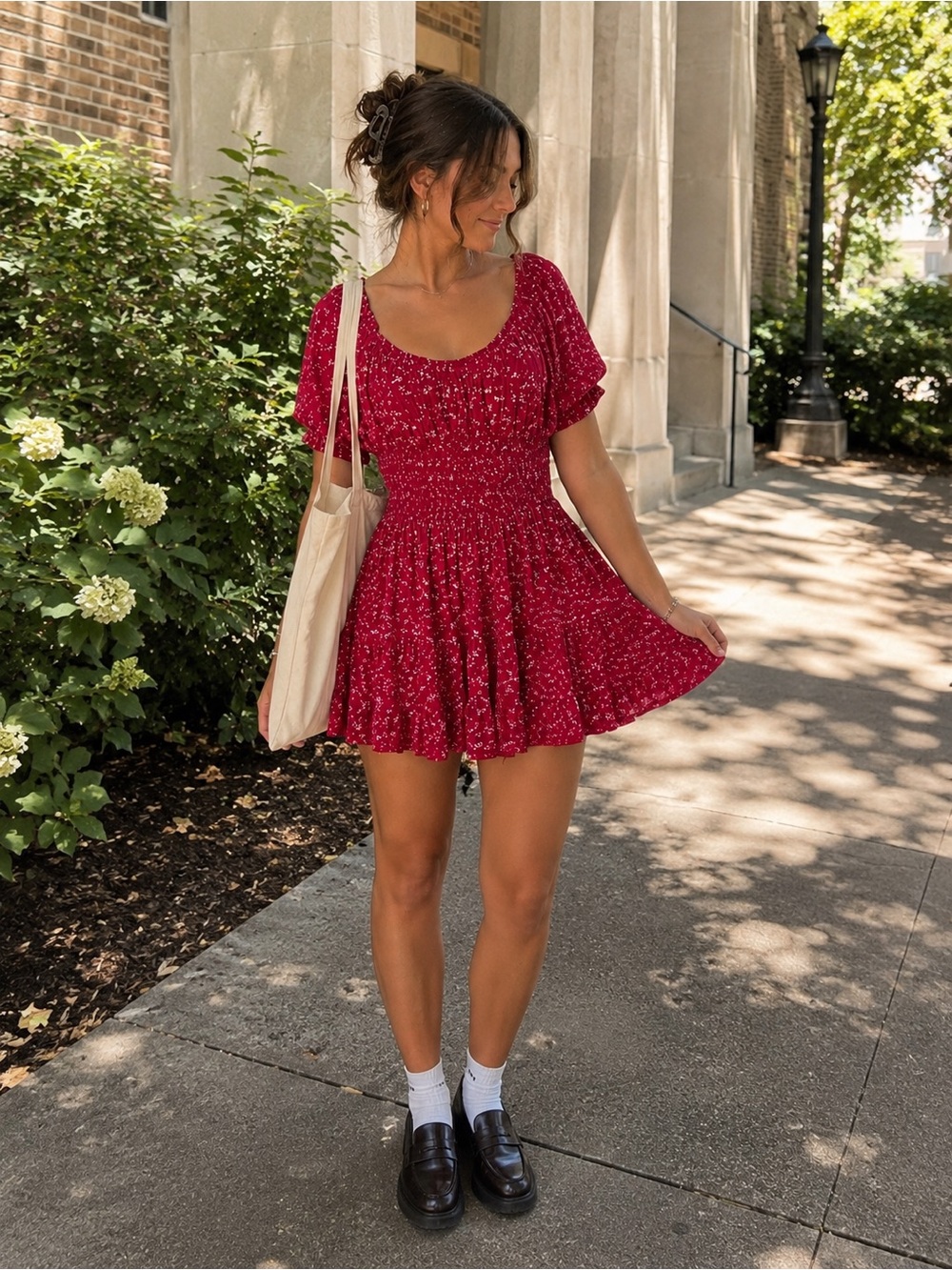 Hollister Red Floral Smocked Puff Sleeve Mini Dress M Cottagecore
